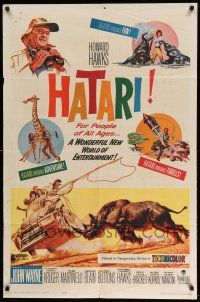 1p427 HATARI 1sh '62 Howard Hawks, artwork of John Wayne rounding up rhino in Africa!