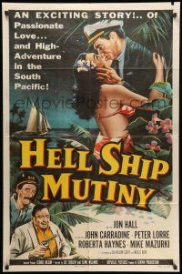 1p434 HELL SHIP MUTINY 1sh '57 Jon Hall kisses tropical bikini babe, Peter Lorre!
