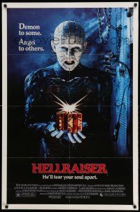 1p437 HELLRAISER 1sh '87 Clive Barker horror, great image of Pinhead, he'll tear your soul apart!