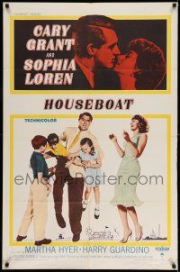 1p472 HOUSEBOAT 1sh '58 romantic close up of Cary Grant & beautiful Sophia Loren + with kids!
