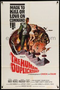 1p473 HUMAN DUPLICATORS 1sh '64 cool horror art of monsters made to kill or love on command!