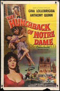 1p474 HUNCHBACK OF NOTRE DAME 1sh '57 Anthony Quinn as Quasimodo, sexy Gina Lollobrigida!