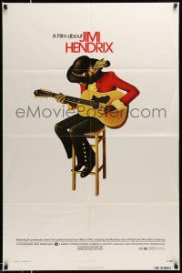 1p526 JIMI HENDRIX 1sh '73 cool art of the rock & roll guitar god playing on chair!