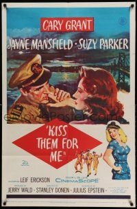 1p542 KISS THEM FOR ME 1sh '57 romantic art of Cary Grant & Suzy Parker, + sexy Jayne Mansfield!