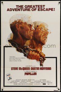 1p716 PAPILLON 1sh '73 wonderful art of prisoners Steve McQueen & Dustin Hoffman by Tom Jung!