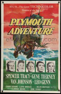 1p732 PLYMOUTH ADVENTURE 1sh '52 Spencer Tracy, Gene Tierney, cool art of ship at sea!