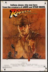 1p751 RAIDERS OF THE LOST ARK 1sh '81 great art of adventurer Harrison Ford by Richard Amsel!