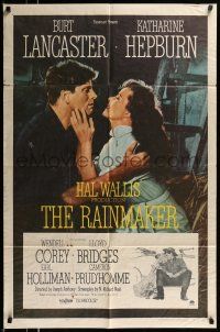 1p753 RAINMAKER 1sh '56 great romantic close up of Burt Lancaster & Katharine Hepburn!