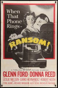 1p754 RANSOM 1sh '56 great image of Glenn Ford & Donna Reed waiting for call from kidnapper!