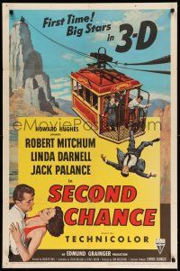 1p806 SECOND CHANCE 3D 1sh '53 cool 3-D art of Robert Mitchum, sexy Linda Darnell & cable car!