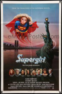 1p885 SUPERGIRL 1sh '84 super Helen Slater in costume flying over Statue of Liberty!