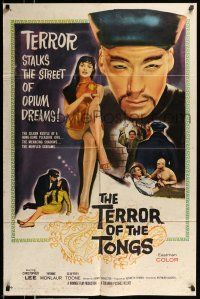 1p901 TERROR OF THE TONGS 1sh '61 cool art of Asian villain Chris Lee, drug-crazed assassins!