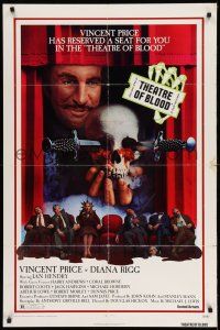 1p903 THEATRE OF BLOOD 1sh '73 great art of Vincent Price holding bloody skull w/dead audience!