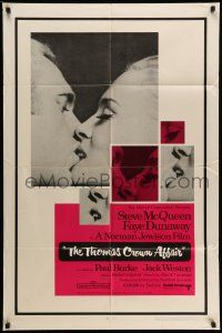 1p911 THOMAS CROWN AFFAIR 1sh '68 best kiss close up of Steve McQueen & sexy Faye Dunaway!