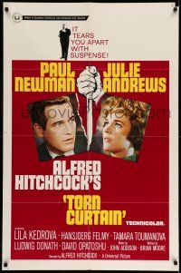 1p930 TORN CURTAIN 1sh '66 Paul Newman, Julie Andrews, Hitchcock tears you apart w/suspense!