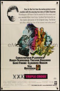 1p933 TRIPLE CROSS 1sh '67 cool art of Christopher Plummer, Romy Schneider & Yul Brynner!