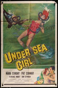 1p942 UNDERSEA GIRL 1sh '57 cool artwork of sexy deep sea scuba diver in peril!