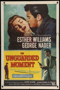 1p945 UNGUARDED MOMENT 1sh '56 close up art of teacher Esther Williams threatened by John Saxon!
