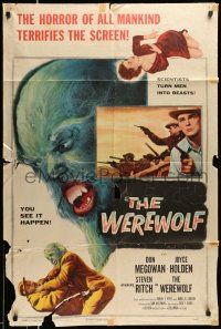 1p961 WEREWOLF 1sh '56 two great wolf-man horror images, it happens before your horrified eyes!