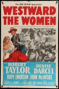 1p963 WESTWARD THE WOMEN 1sh '51 art of Robert Taylor & sexy mail-order bride Denise Darcel!