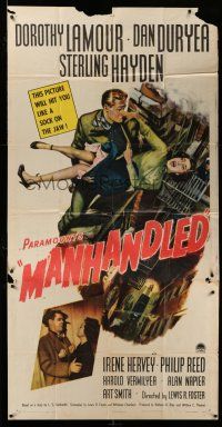1r843 MANHANDLED 3sh '49 art of terrified Dorothy Lamour being thrown off building, film noir!