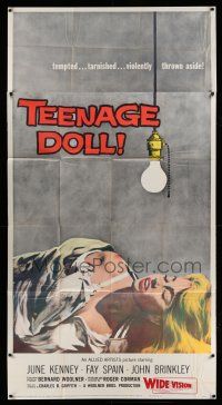 1r942 TEENAGE DOLL 3sh '57 Roger Corman, a tempted & tarnished bad girl violently thrown aside!