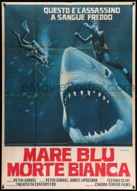 1r461 BLUE WATER, WHITE DEATH Italian 1p '72 art of blue shark & divers by Fiorenzi!