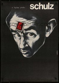 1t415 SCHULZ exhibition Polish 26x37 '83 dark Bednarski artwork of man with stamp on forehead!