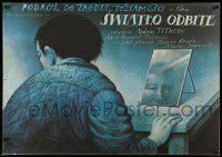 1t322 SWIATLO ODBITE Polish 19x27 '89 cool Wieslaw Walkuski artwork of man with mirror on desk!