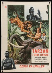 1t659 TARZAN & THE LEOPARD WOMAN Yugoslavian 20x28 '60s art of Johnny Weissmuller fighting lion!