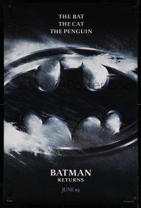 1w098 BATMAN RETURNS teaser 1sh '92 Burton, Keaton, The Bat, The Cat, The Penguin, cool logo design