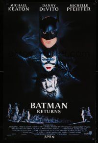 1w096 BATMAN RETURNS int'l advance 1sh '92 Burton, Keaton, cool white date design!