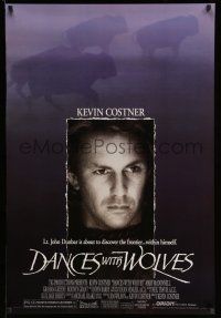 1w180 DANCES WITH WOLVES DS 1sh '90 close portrait of Kevin Costner & running buffalo!