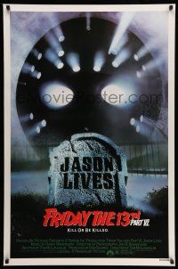 1w281 FRIDAY THE 13th PART VI 1sh '86 Jason Lives, cool image of hockey mask & tombstone!