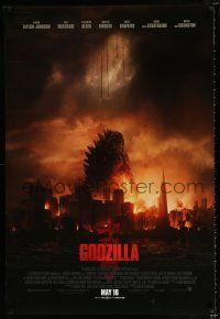 1w302 GODZILLA int'l advance DS 1sh '14 Bryan Cranston, cool image of monster & burning city!