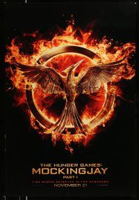 1w376 HUNGER GAMES: MOCKINGJAY - PART 1 teaser DS 1sh '14 logo, fire burns brighter in the darkness