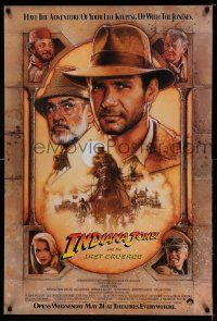 1w395 INDIANA JONES & THE LAST CRUSADE advance 1sh '89 Ford/Connery over a brown background by Drew