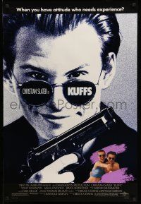 1w448 KUFFS 1sh '92 Christian Slater in shades w/gun, sexy Milla Jovovich!