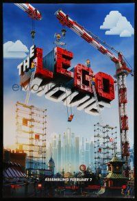 1w471 LEGO MOVIE teaser DS 1sh '14 cool image of title assembled w/cranes & plastic blocks!