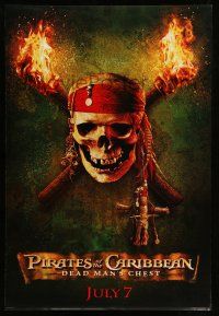 1w609 PIRATES OF THE CARIBBEAN: DEAD MAN'S CHEST teaser DS 1sh '06 great image of skull & torches!