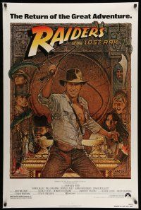 1w639 RAIDERS OF THE LOST ARK 1sh R82 great art of adventurer Harrison Ford by Richard Amsel!
