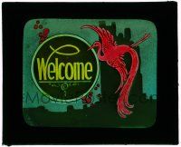 1x097 WELCOME glass slide '20s wonderful nouveau-like art of of large red bird over city skyline!