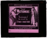 1x099 WESTERNERS glass slide '19 Roy Stewart & Mildred Manning with guns pointed at each other!