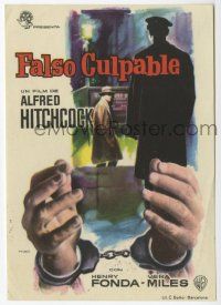 1x864 WRONG MAN Spanish herald '59 Alfred Hitchcock, different Mac art of Henry Fonda & handcuffs!