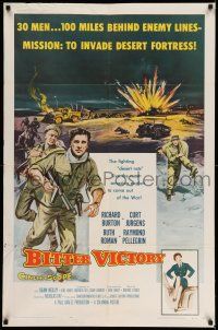 1y093 BITTER VICTORY 1sh '58 Nicholas Ray, Richard Burton, cool WWII desert battle artwork!