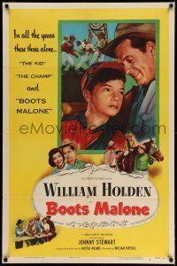 1y114 BOOTS MALONE 1sh '51 close up of William Holden with young horse jockey Johnny Stewart!