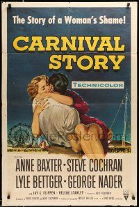 1y150 CARNIVAL STORY 1sh '54 sexy Anne Baxter held by Steve Cochran who she loves real bad!