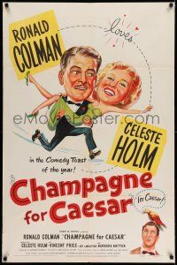 1y159 CHAMPAGNE FOR CAESAR 1sh '50 great artwork of Ronald Colman holding sexy Celeste Holm!