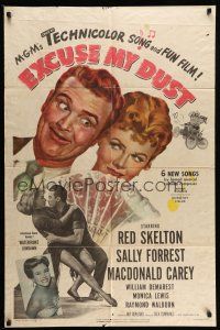 1y267 EXCUSE MY DUST 1sh '51 art of Red Skelton being kissed by two pretty girls!