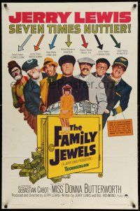 1y275 FAMILY JEWELS 1sh '65 Jerry Lewis is seven times nuttier in seven roles, wacky art!
